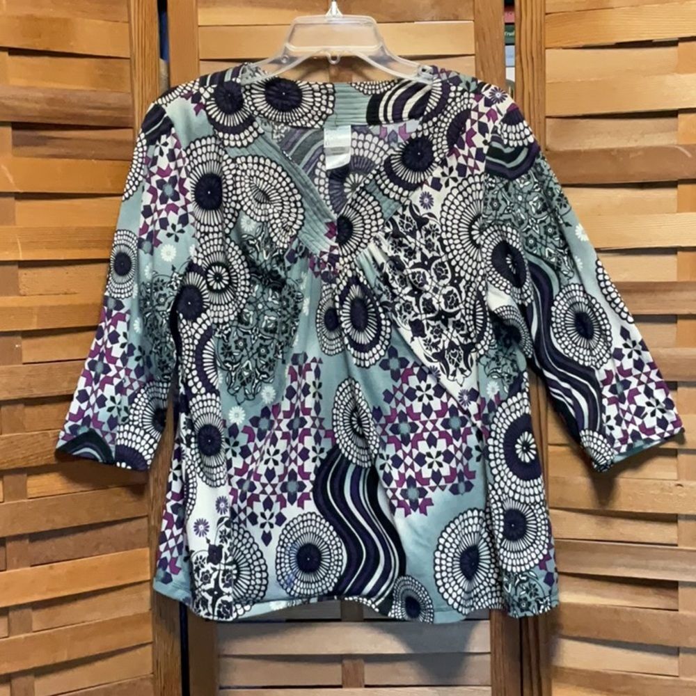 Just My Size Gray White Purple Black Magenta Graphic 3/4 Sleeve Blouse Women 1X